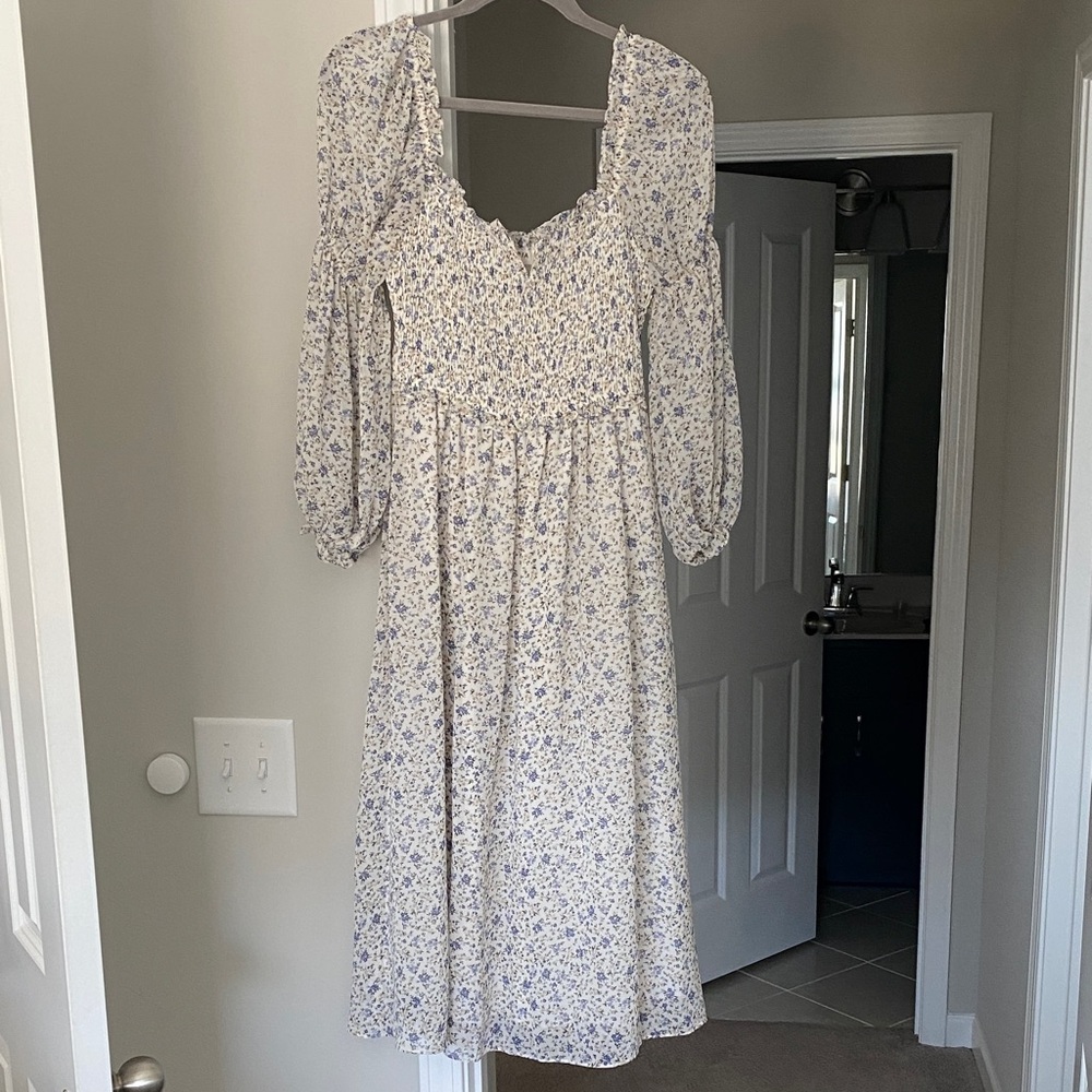 Floral Smocked Midi Dress in Cream and Light Blue